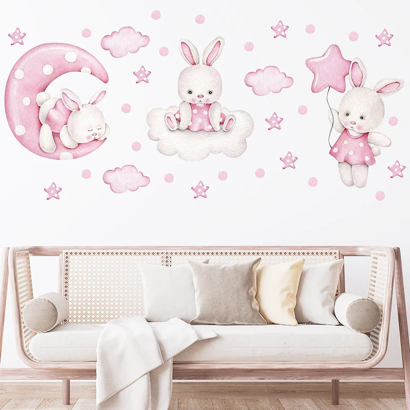Cartoon Soft Pink Moon Clouds Stars Rabbit Wall Stickers for Children's Room Kids Room Baby Nursery Room Wall Decals Home Decor-HomeDecorDecals_com