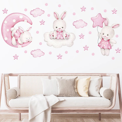 Cartoon Soft Pink Moon Clouds Stars Rabbit Wall Stickers for Children's Room Kids Room Baby Nursery Room Wall Decals Home Decor-HomeDecorDecals_com