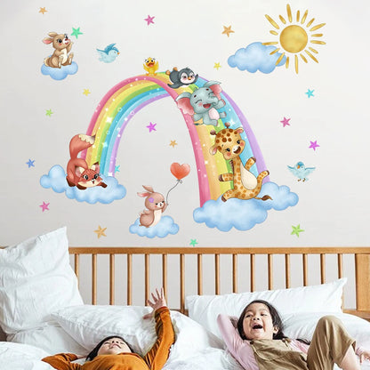 Close-up view of Animals on Rainbow Clouds Wall Decal | Home Decor by HomeDecorDecals.