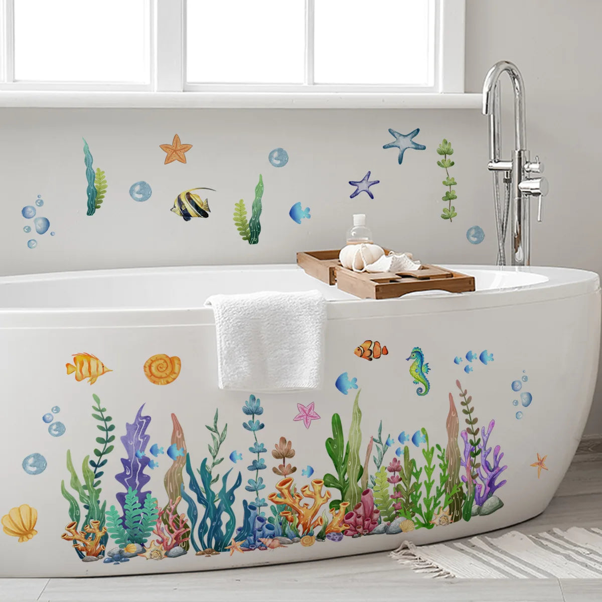 Ocean Sea Animals Fishes and Seaweed Coral Bathtub Sticker for Nursery Bathroom Shower Background Wall Self-Adhesive Decoration-HomeDecorDecals_com