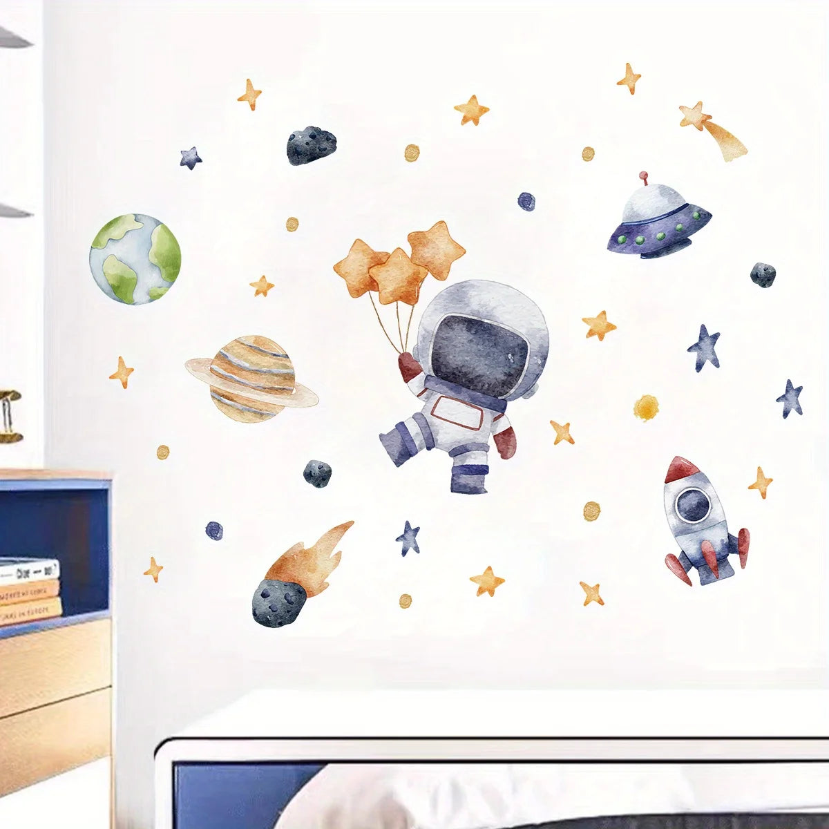 Cartoon Cute Astronaut Spaceship Rocket Planet Star Space Wall Stickers for Bedroom Living Room Nursery Decoration Wall Decal-HomeDecorDecals_com
