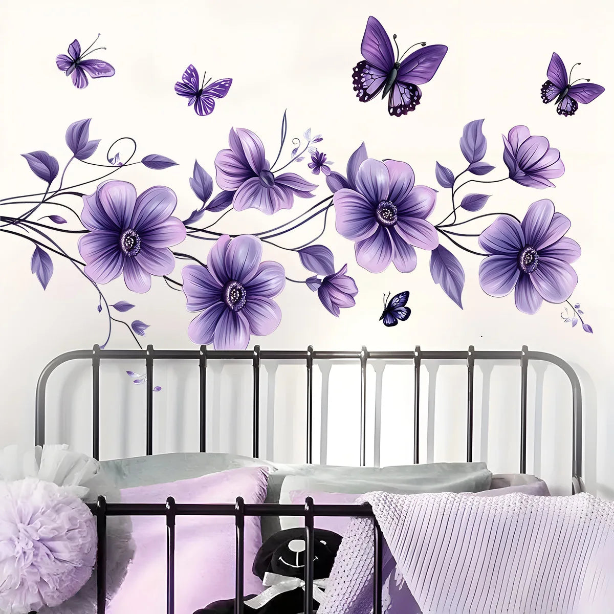 1PCS Purple Flowers Green Plants Butterfly Bedroom Living Room Wall Decoration Wall Stickers Home Accessories Self-Adhesive-HomeDecorDecals_com