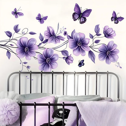 1PCS Purple Flowers Green Plants Butterfly Bedroom Living Room Wall Decoration Wall Stickers Home Accessories Self-Adhesive-HomeDecorDecals_com