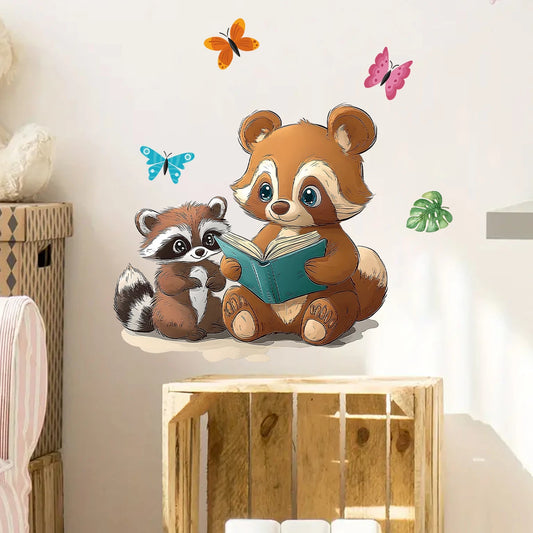 Cartoon Parent Child Raccoon Reading Wall Decal | Room Decor removable peel and stick wall decal by HomeDecorDecals.