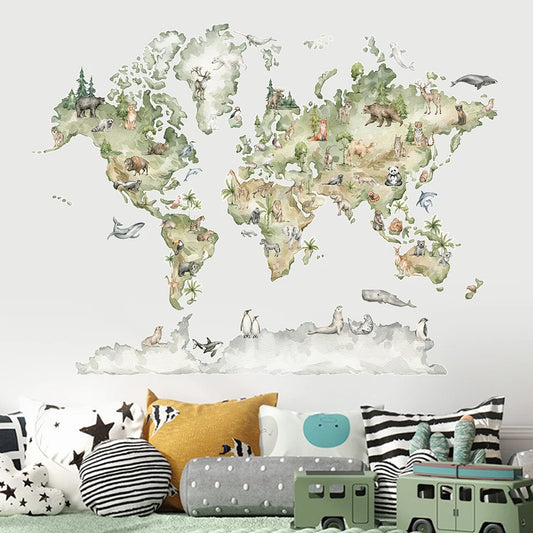 Watercolor World Map Animals Wildlife Wall Stickers Removable Vinyl Wall Decals Print Kids Room Playroom Interior Home Decor-HomeDecorDecals_com