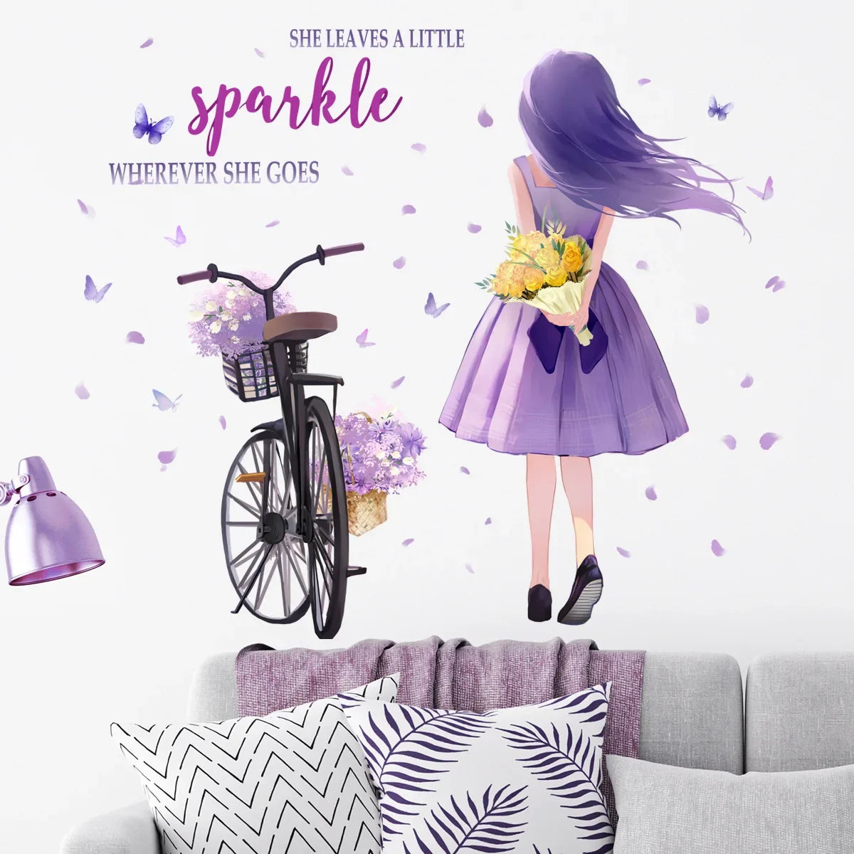 Wall decal of a girl in a purple dress with flowers, bicycle, and text | Kids Room Decor home decor design by HomeDecorDecals.