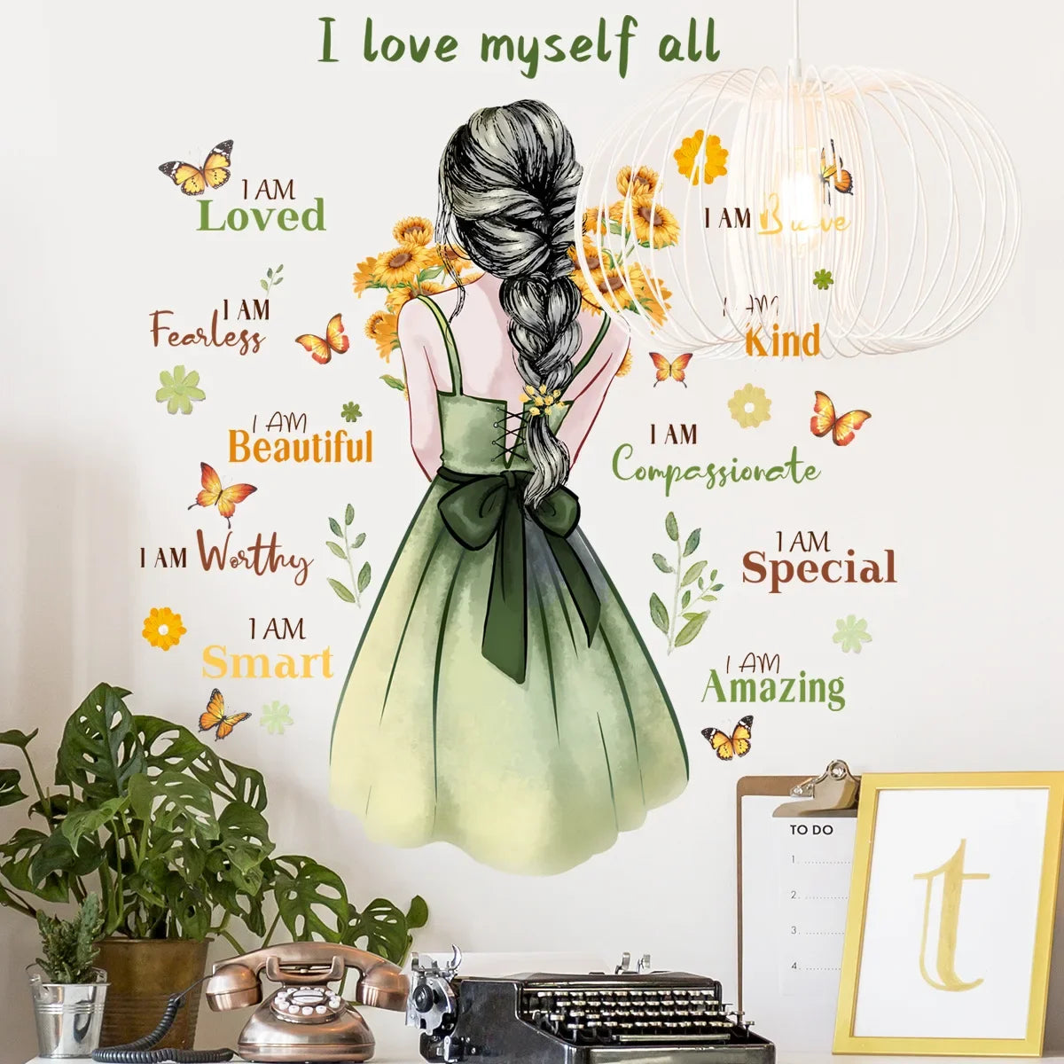 Wall decal of a woman in a green dress with motivational phrases on a wall with decor elements | Kids Room Decor by HomeDecorDecals.